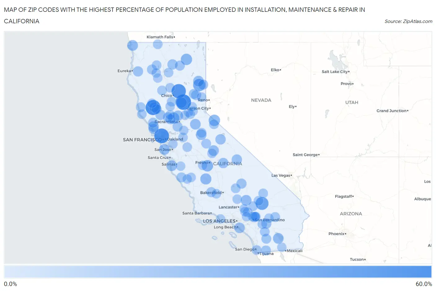 Zip Codes with the Highest Percentage of Population Employed in Installation, Maintenance & Repair in California Map
