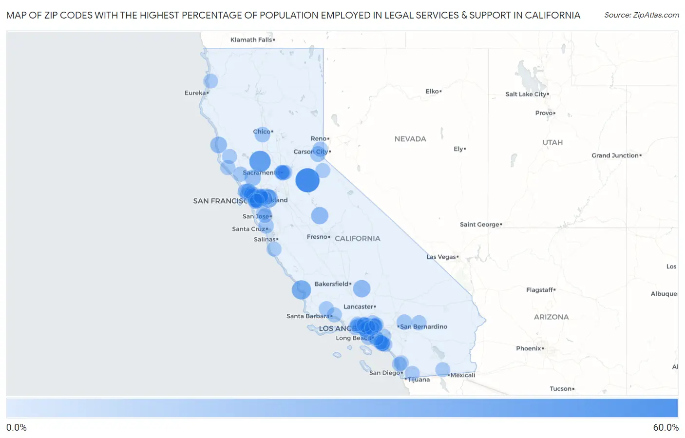 Zip Codes with the Highest Percentage of Population Employed in Legal Services & Support in California Map