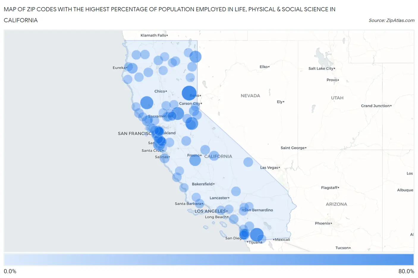 Zip Codes with the Highest Percentage of Population Employed in Life, Physical & Social Science in California Map