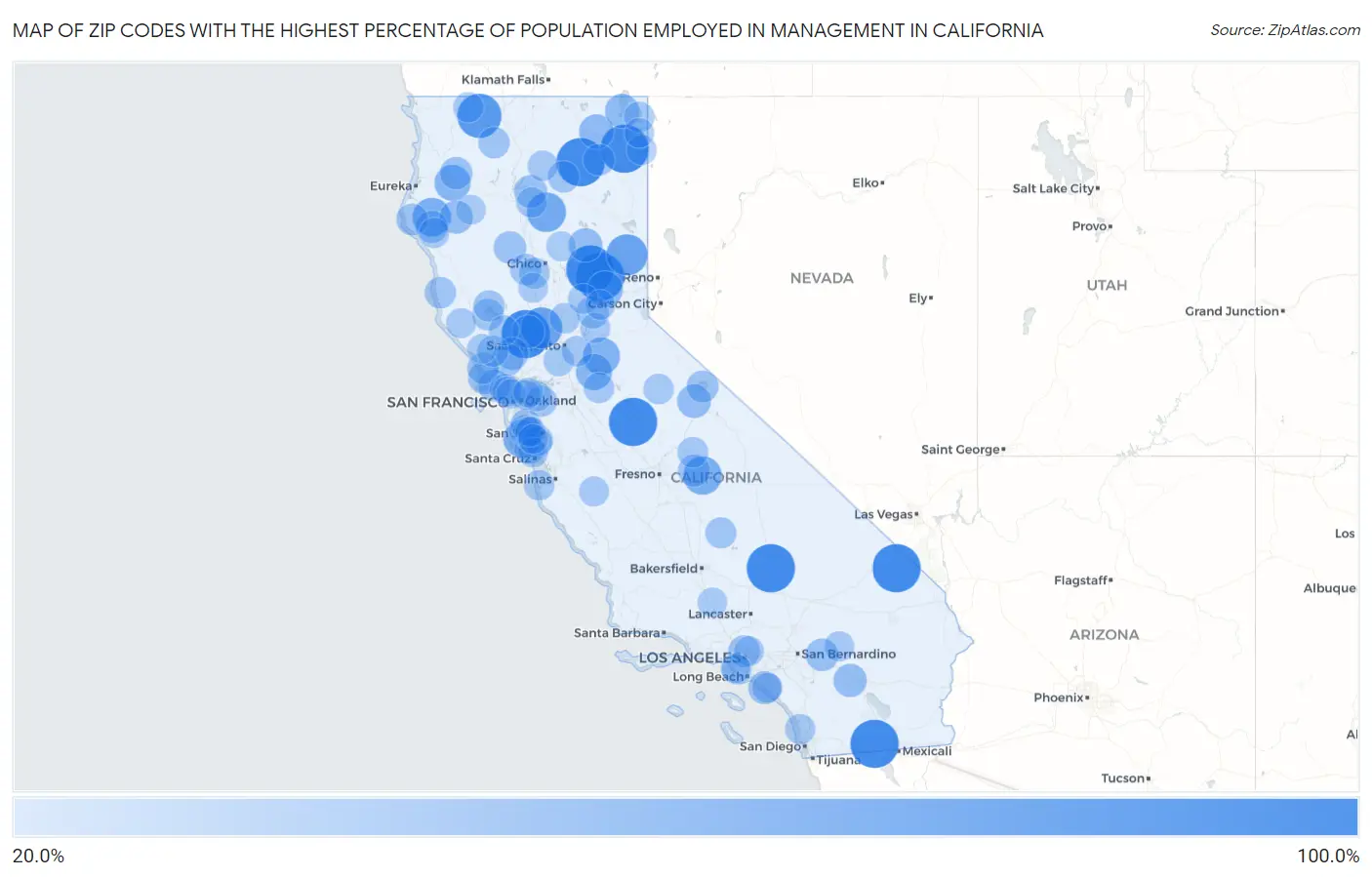 Zip Codes with the Highest Percentage of Population Employed in Management in California Map