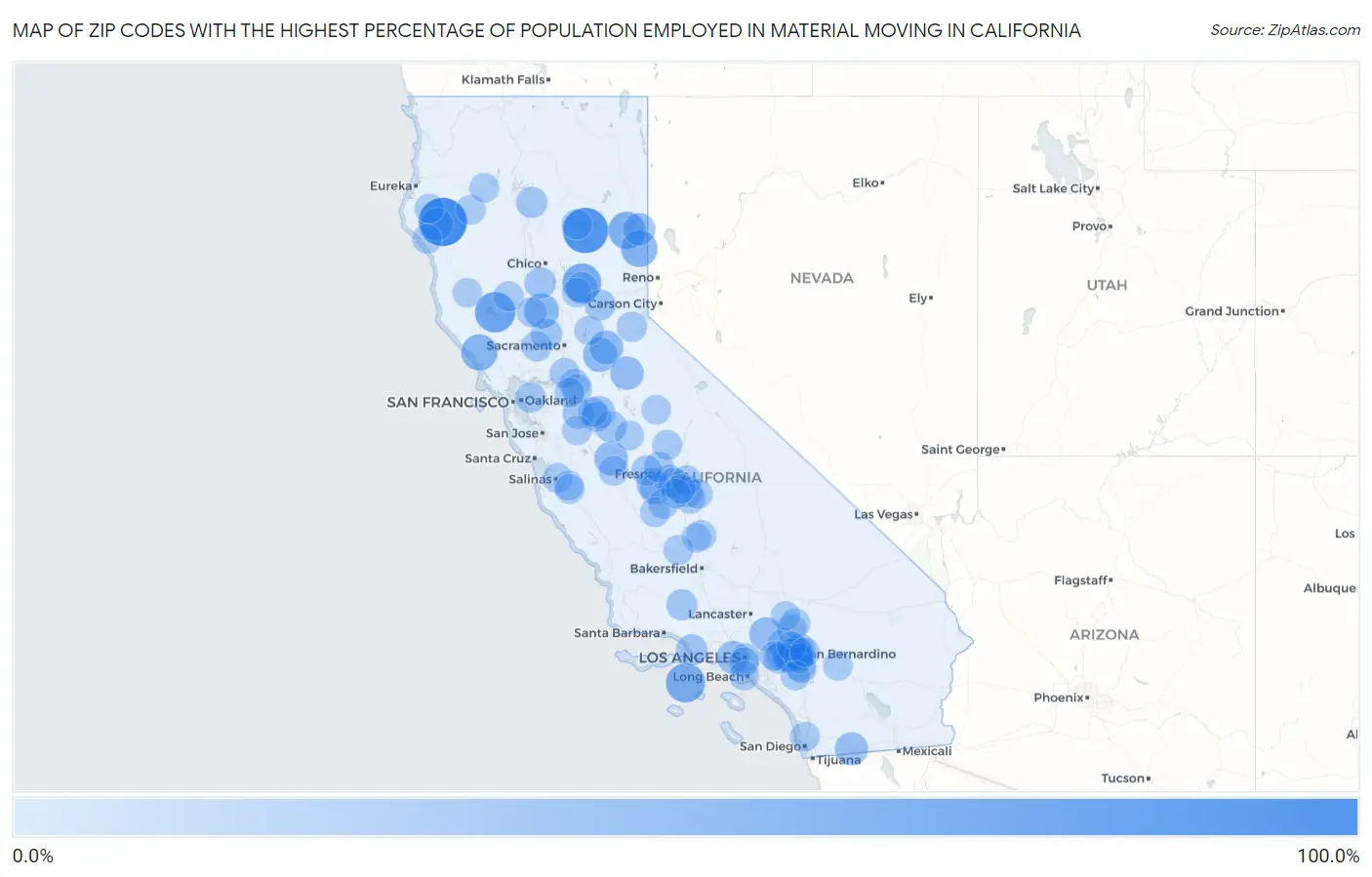 Zip Codes with the Highest Percentage of Population Employed in Material Moving in California Map