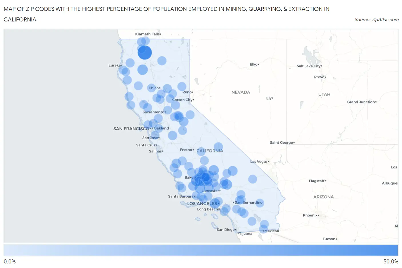 Zip Codes with the Highest Percentage of Population Employed in Mining, Quarrying, & Extraction in California Map