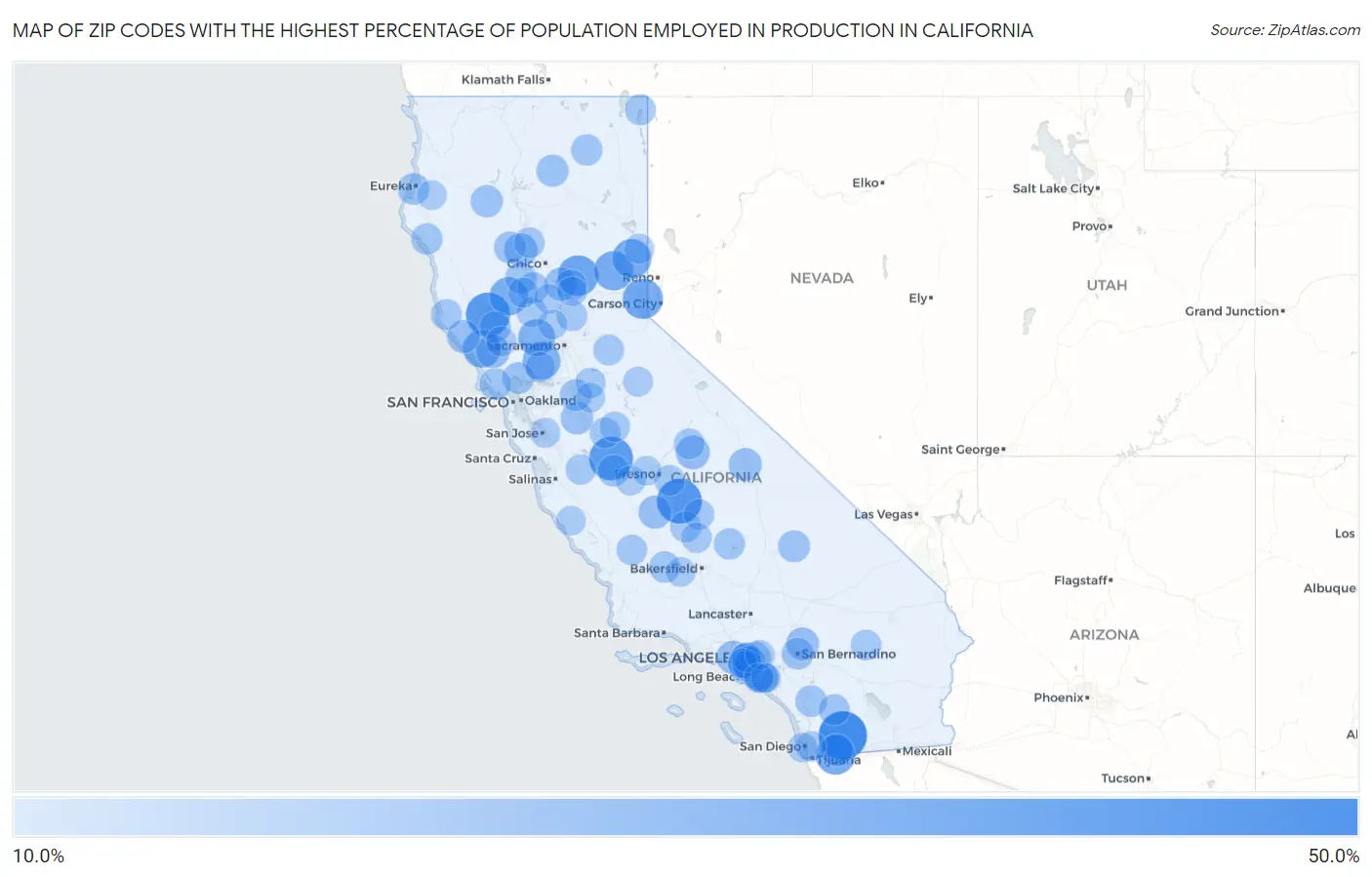Zip Codes with the Highest Percentage of Population Employed in Production in California Map