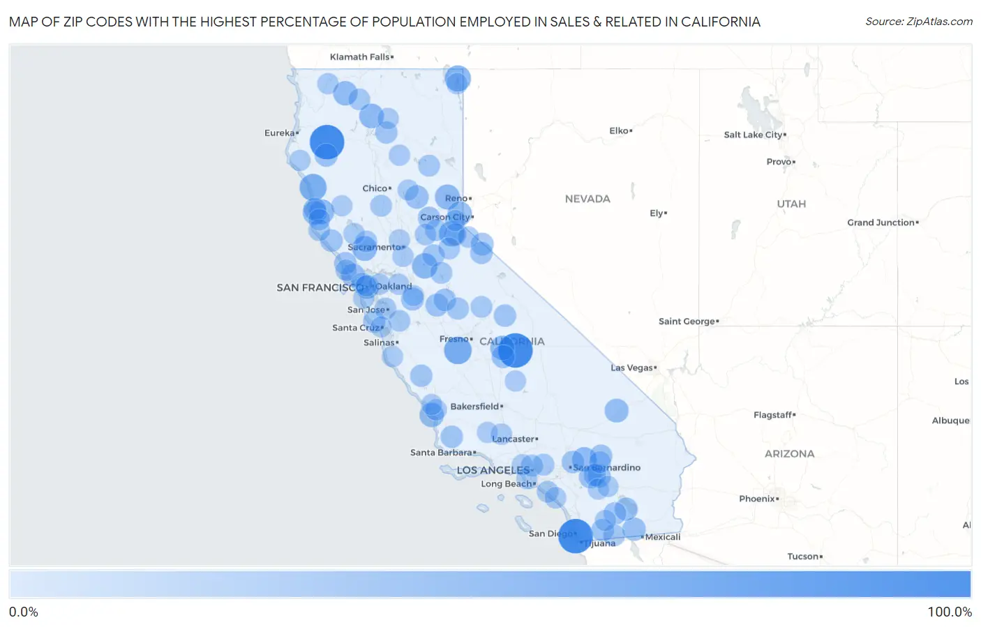 Zip Codes with the Highest Percentage of Population Employed in Sales & Related in California Map