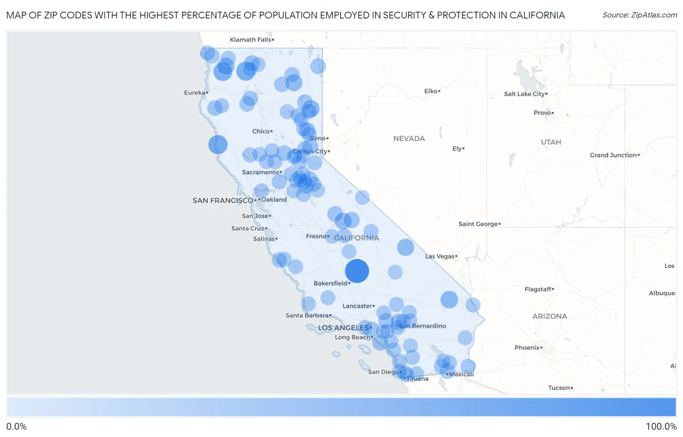 Zip Codes with the Highest Percentage of Population Employed in Security & Protection in California Map