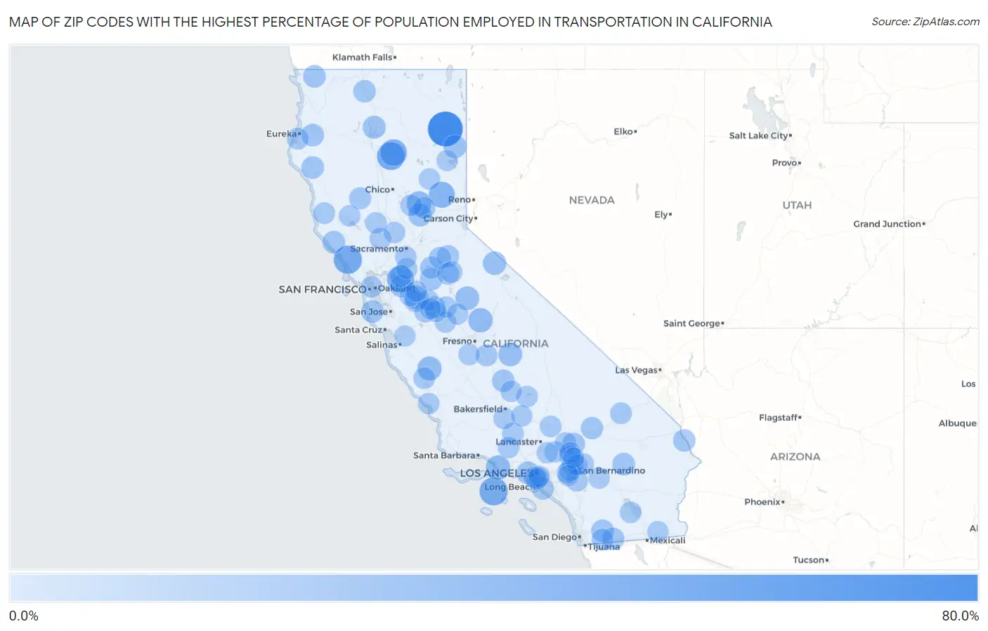 Zip Codes with the Highest Percentage of Population Employed in Transportation in California Map