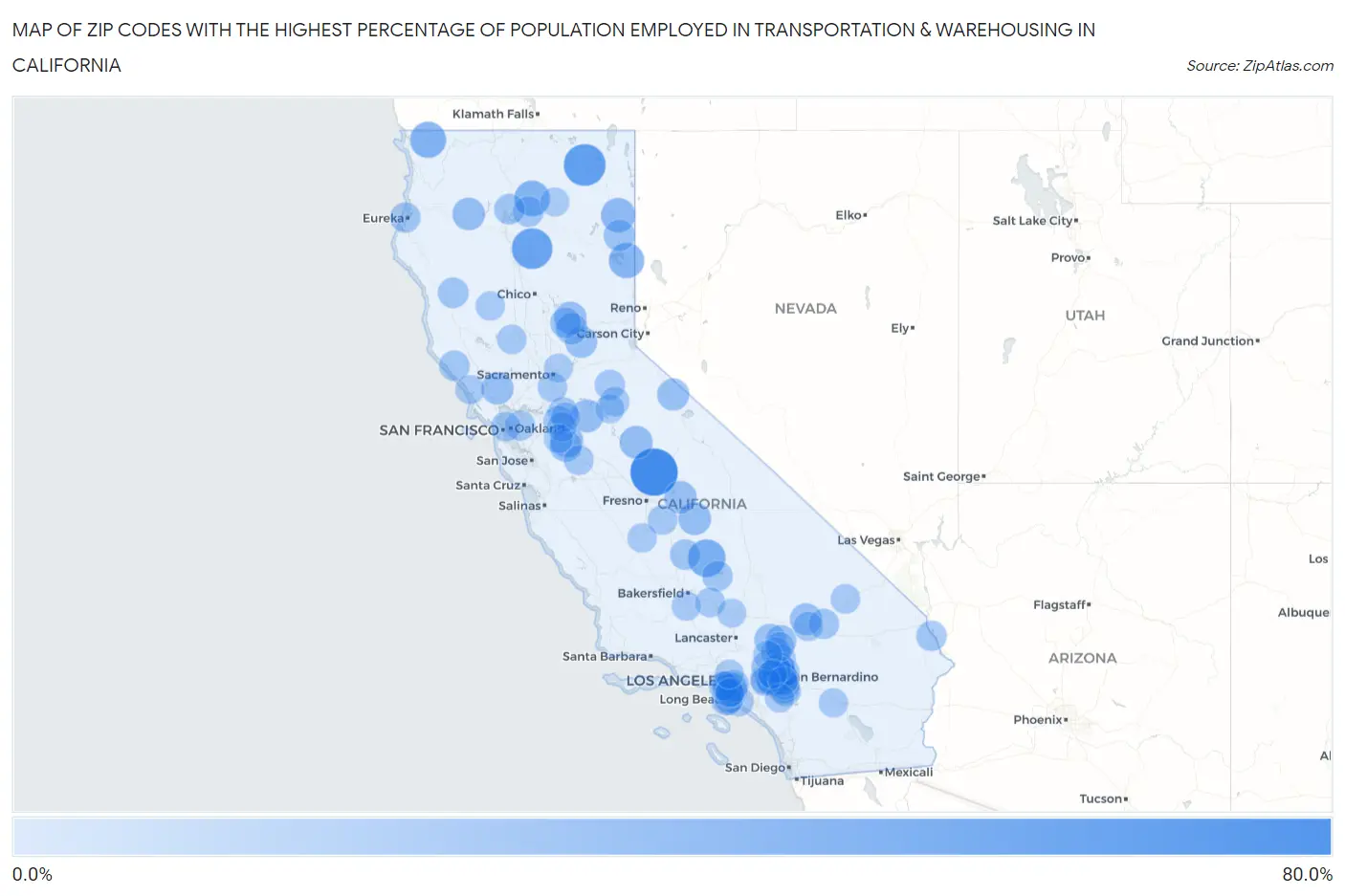 Zip Codes with the Highest Percentage of Population Employed in Transportation & Warehousing in California Map
