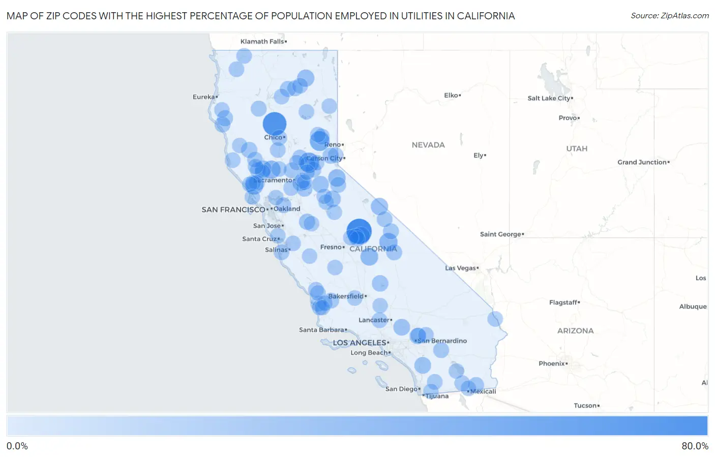 Zip Codes with the Highest Percentage of Population Employed in Utilities in California Map