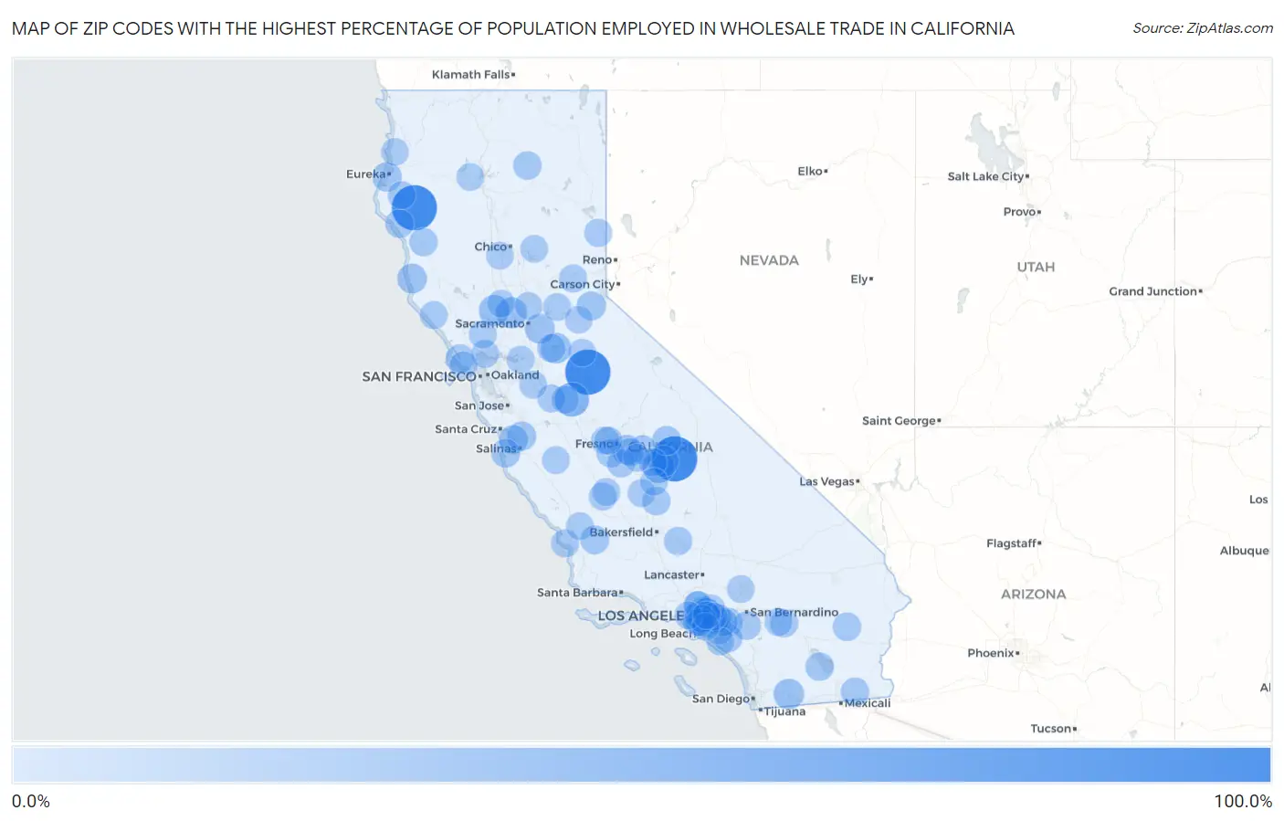 Zip Codes with the Highest Percentage of Population Employed in Wholesale Trade in California Map