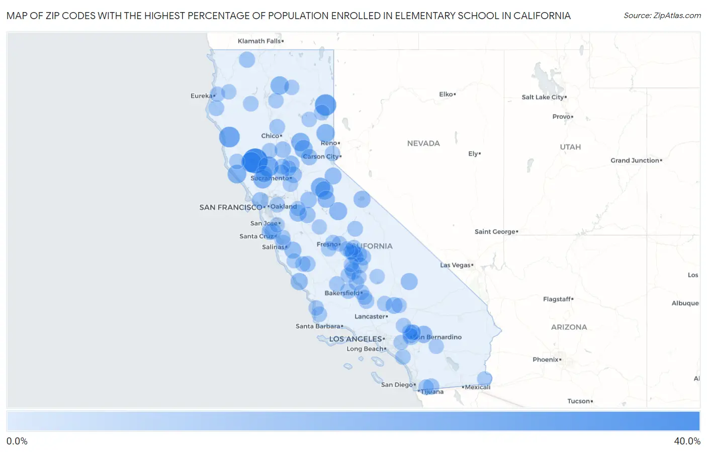 Zip Codes with the Highest Percentage of Population Enrolled in Elementary School in California Map