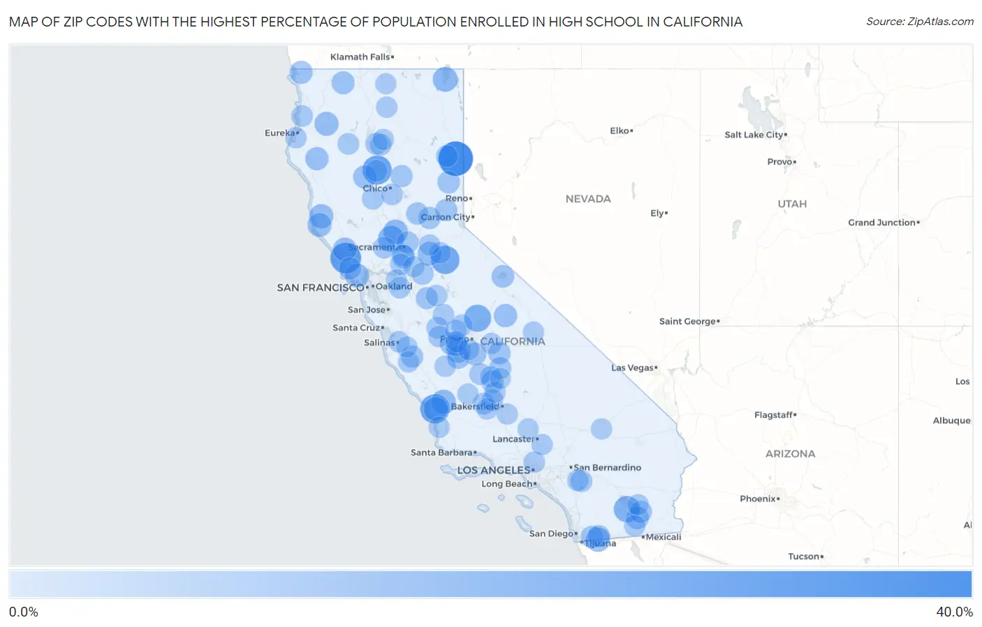 Zip Codes with the Highest Percentage of Population Enrolled in High School in California Map