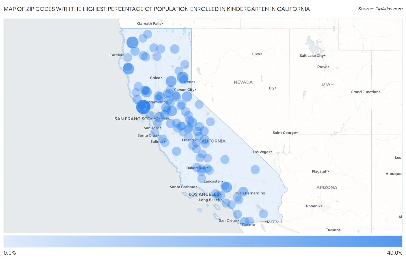 Zip Codes with the Highest Percentage of Population Enrolled in Kindergarten in California Map