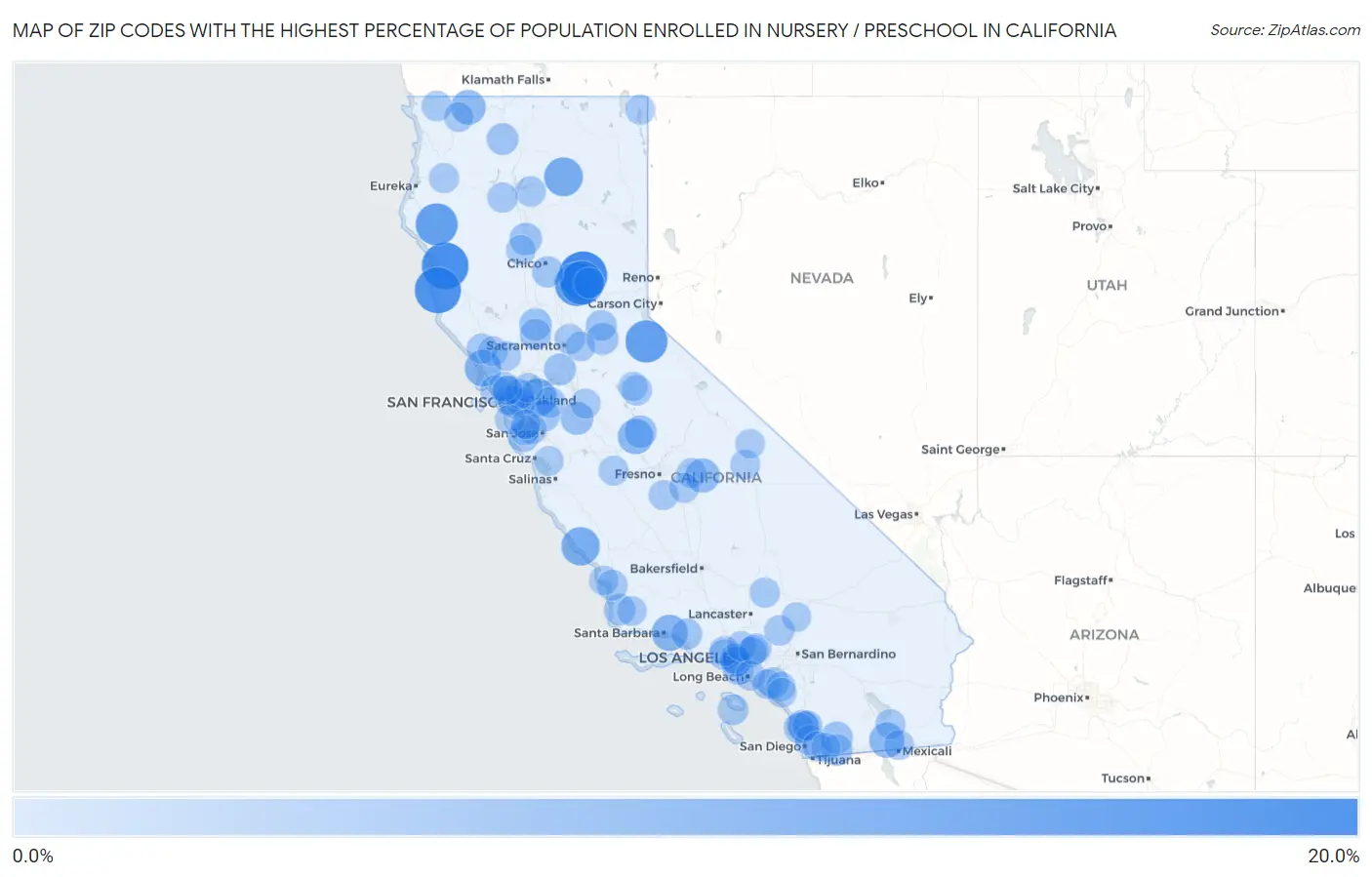 Zip Codes with the Highest Percentage of Population Enrolled in Nursery / Preschool in California Map