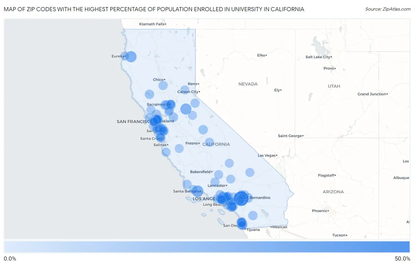 Zip Codes with the Highest Percentage of Population Enrolled in University in California Map