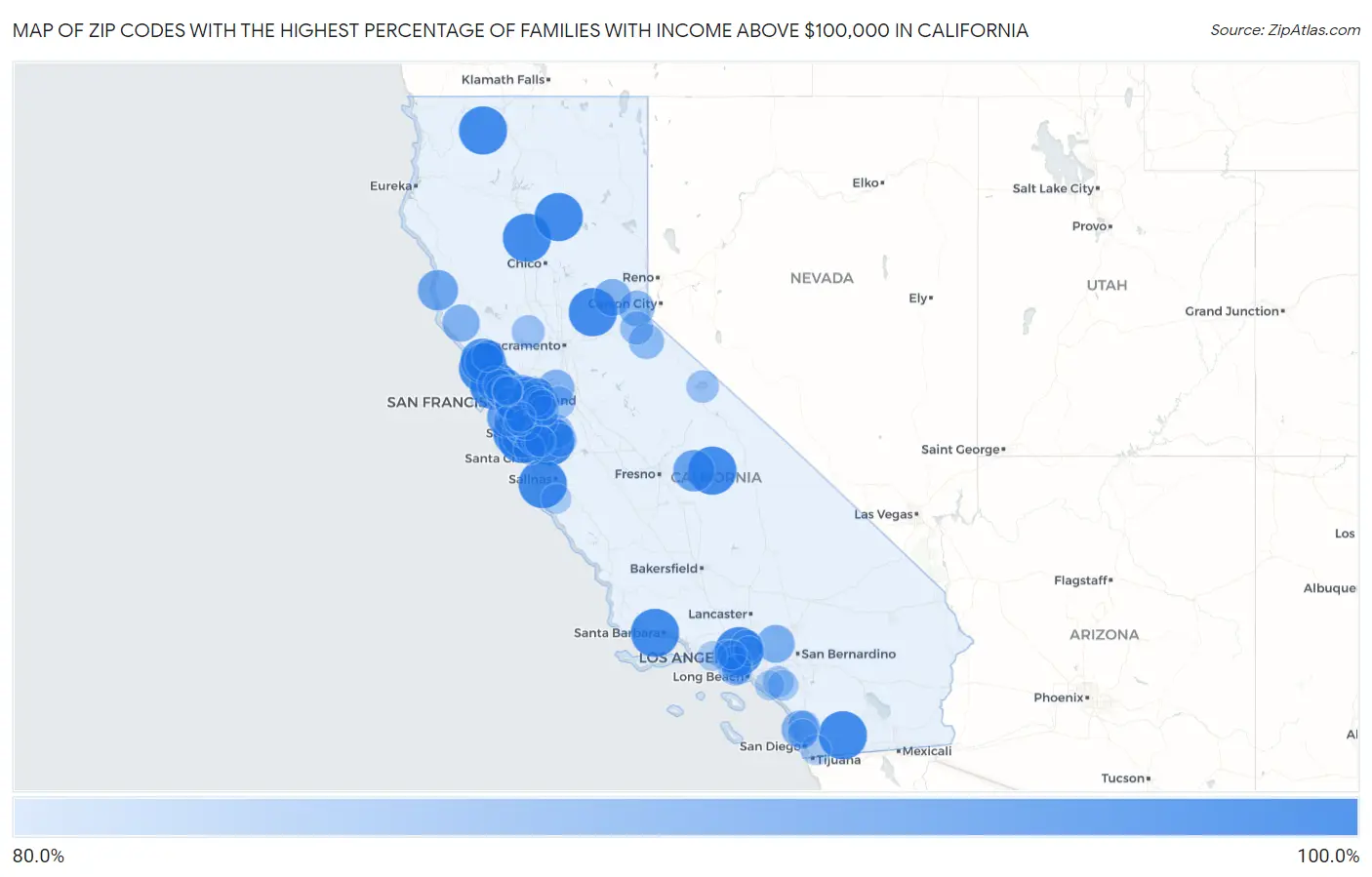 Zip Codes with the Highest Percentage of Families with Income Above $100,000 in California Map