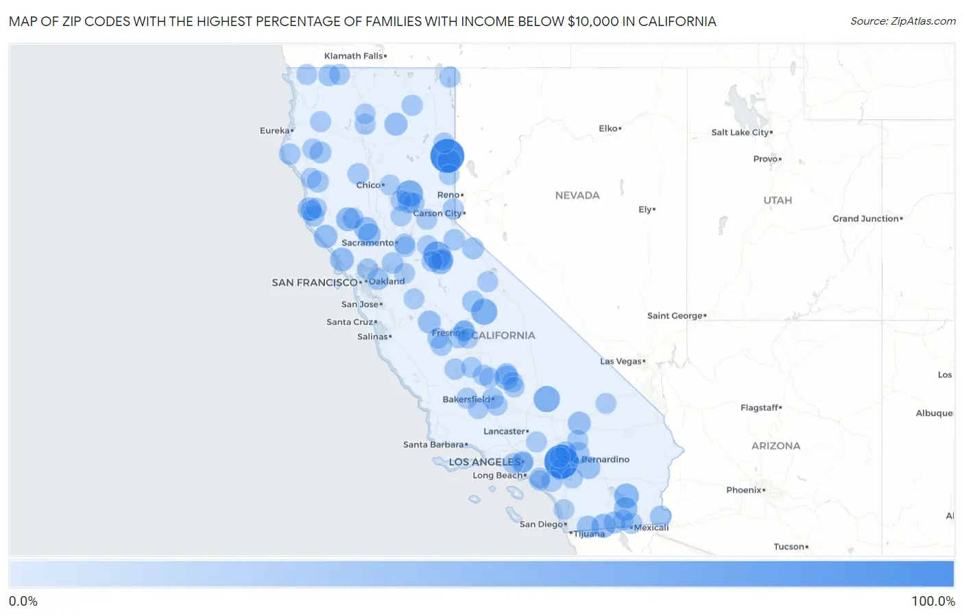 Zip Codes with the Highest Percentage of Families with Income Below $10,000 in California Map