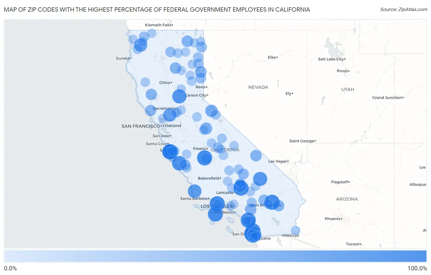 Zip Codes with the Highest Percentage of Federal Government Employees in California Map