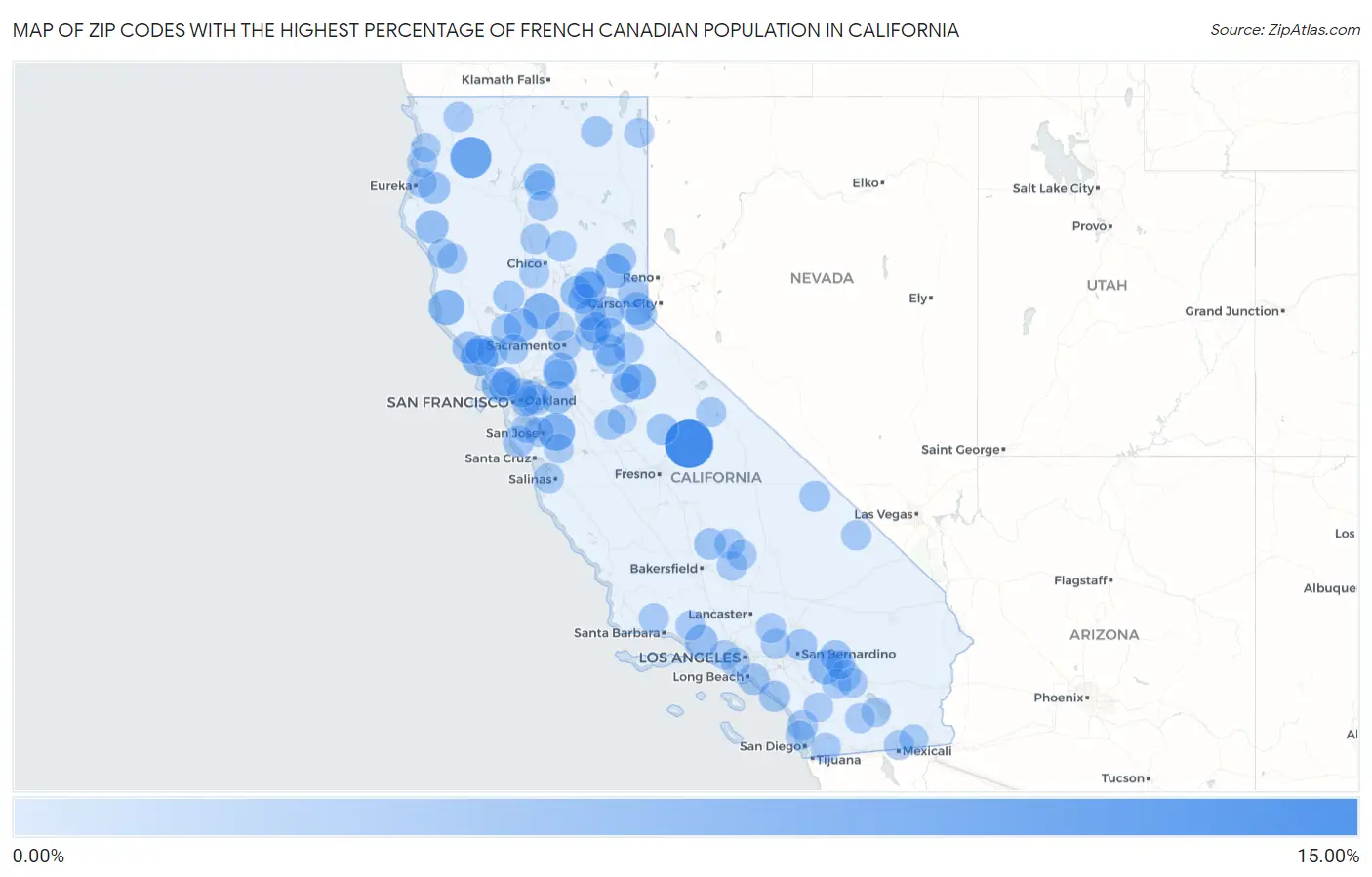 Zip Codes with the Highest Percentage of French Canadian Population in California Map