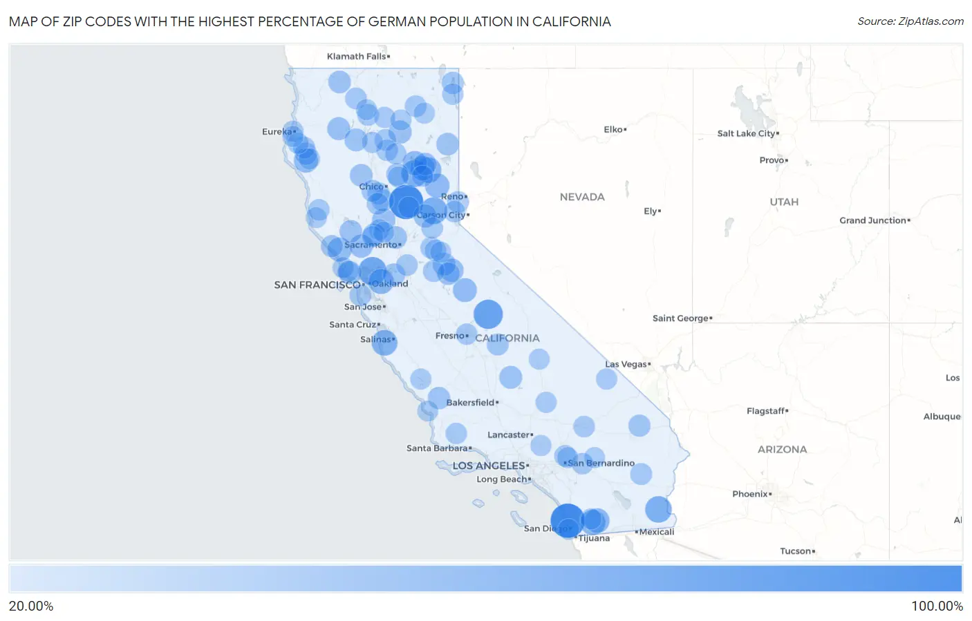 Zip Codes with the Highest Percentage of German Population in California Map