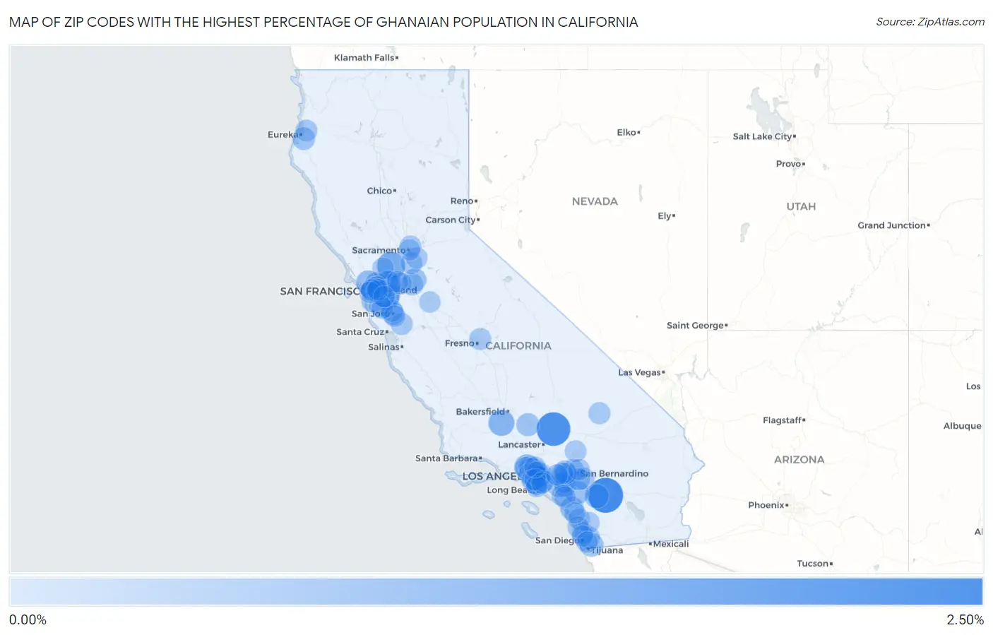 Zip Codes with the Highest Percentage of Ghanaian Population in California Map