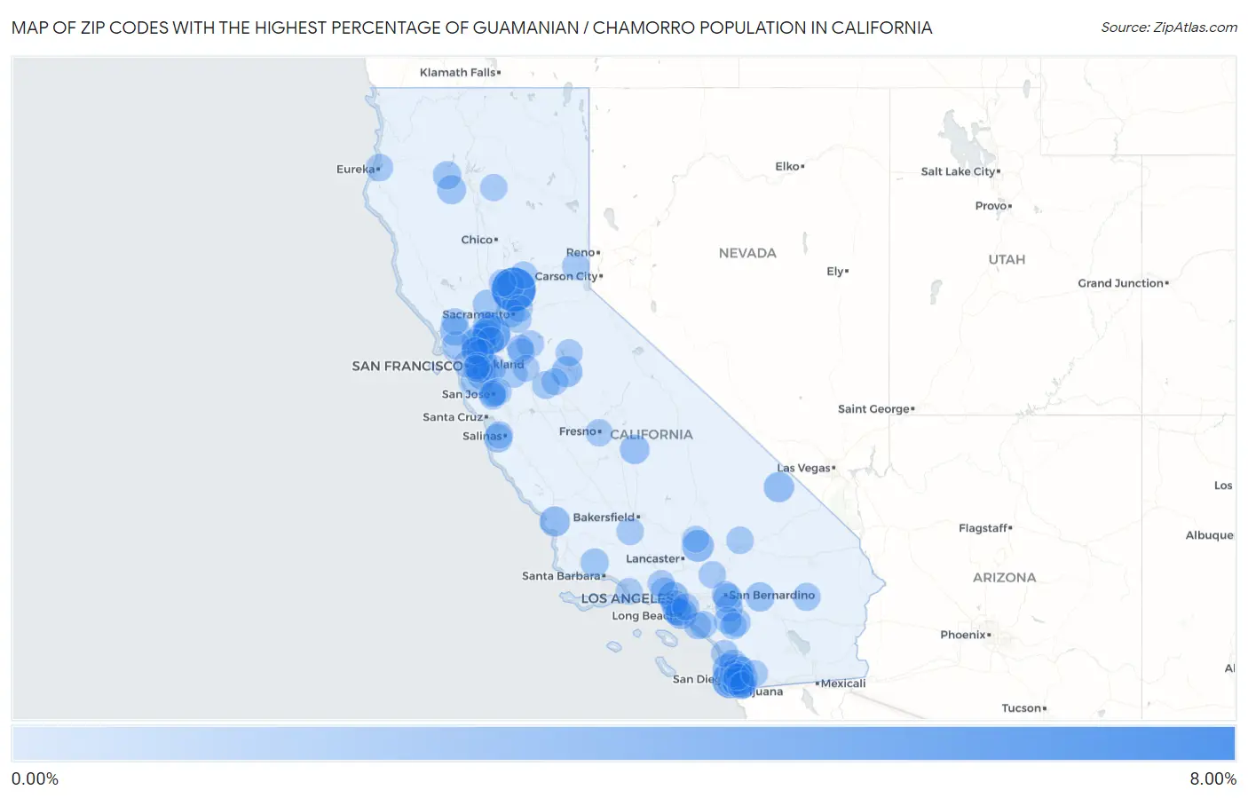 Zip Codes with the Highest Percentage of Guamanian / Chamorro Population in California Map