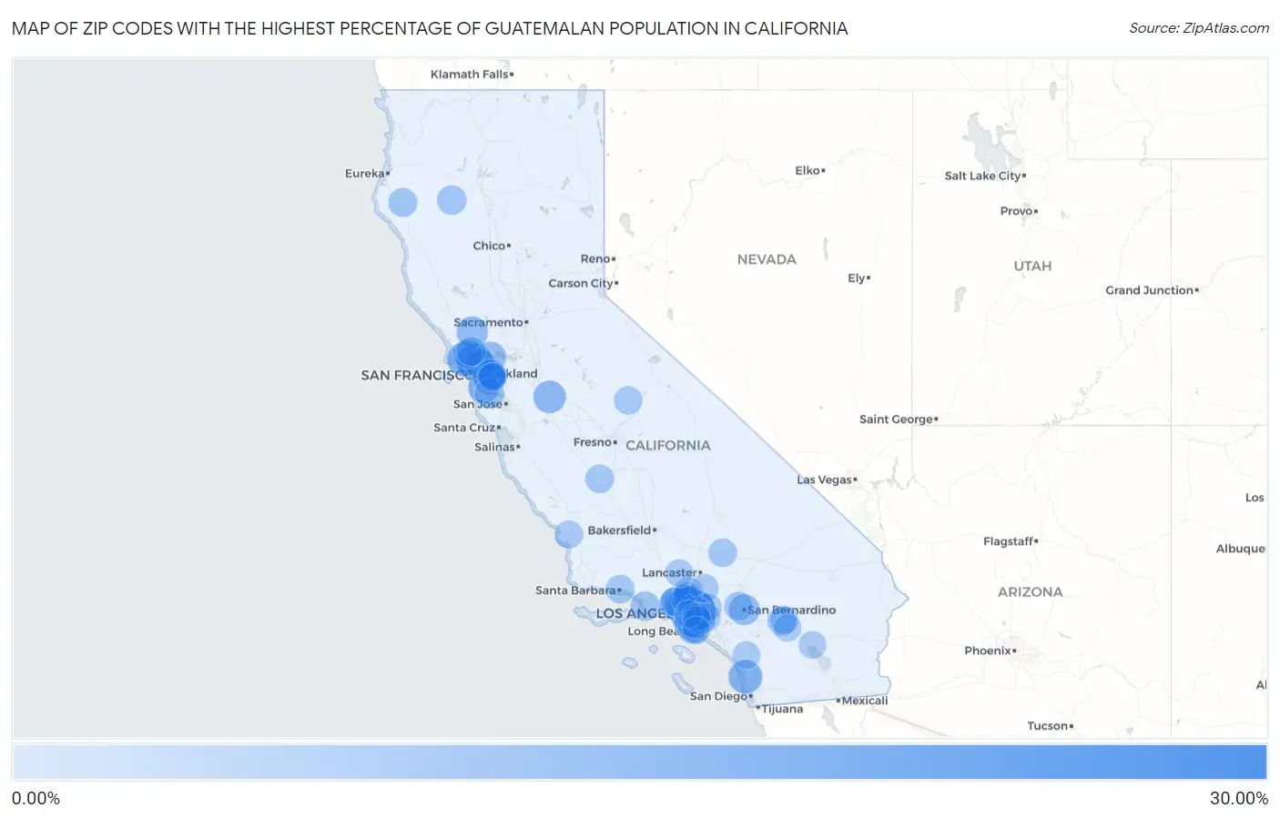 Zip Codes with the Highest Percentage of Guatemalan Population in California Map