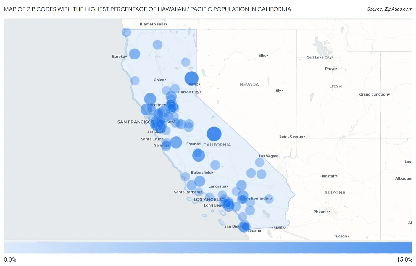 Zip Codes with the Highest Percentage of Hawaiian / Pacific Population in California Map