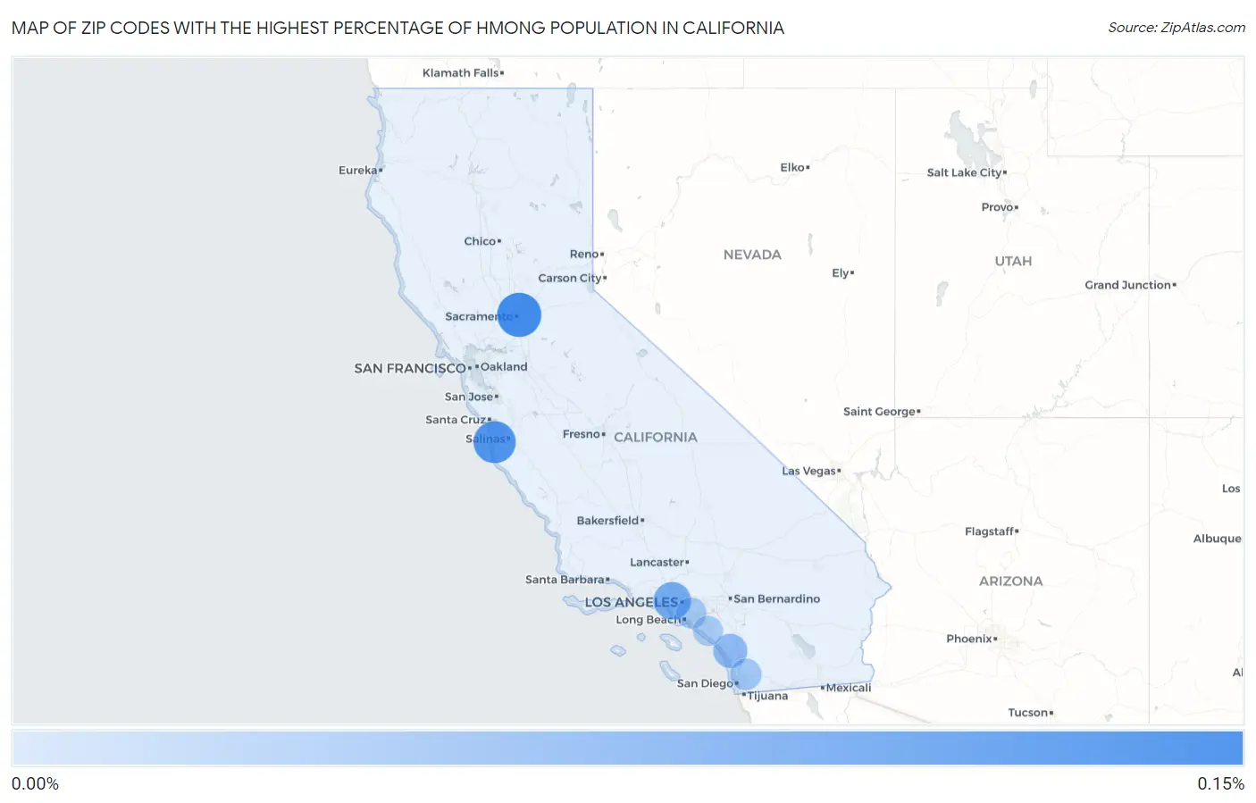 Zip Codes with the Highest Percentage of Hmong Population in California Map