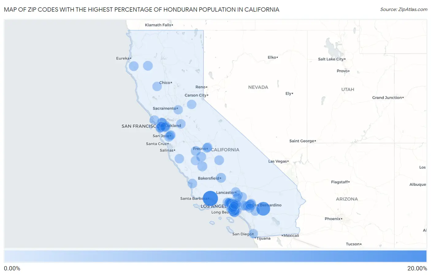 Zip Codes with the Highest Percentage of Honduran Population in California Map
