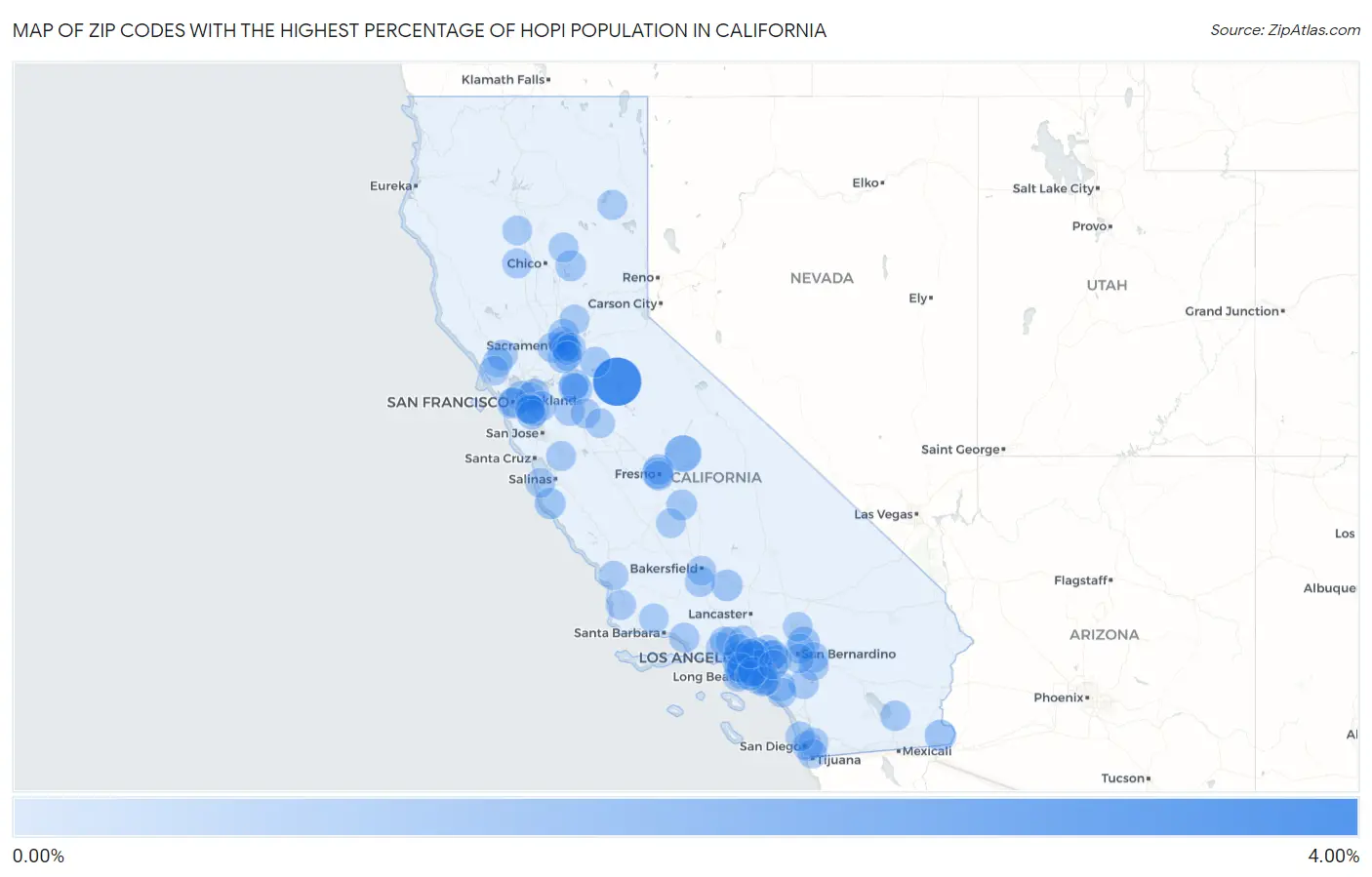 Zip Codes with the Highest Percentage of Hopi Population in California Map