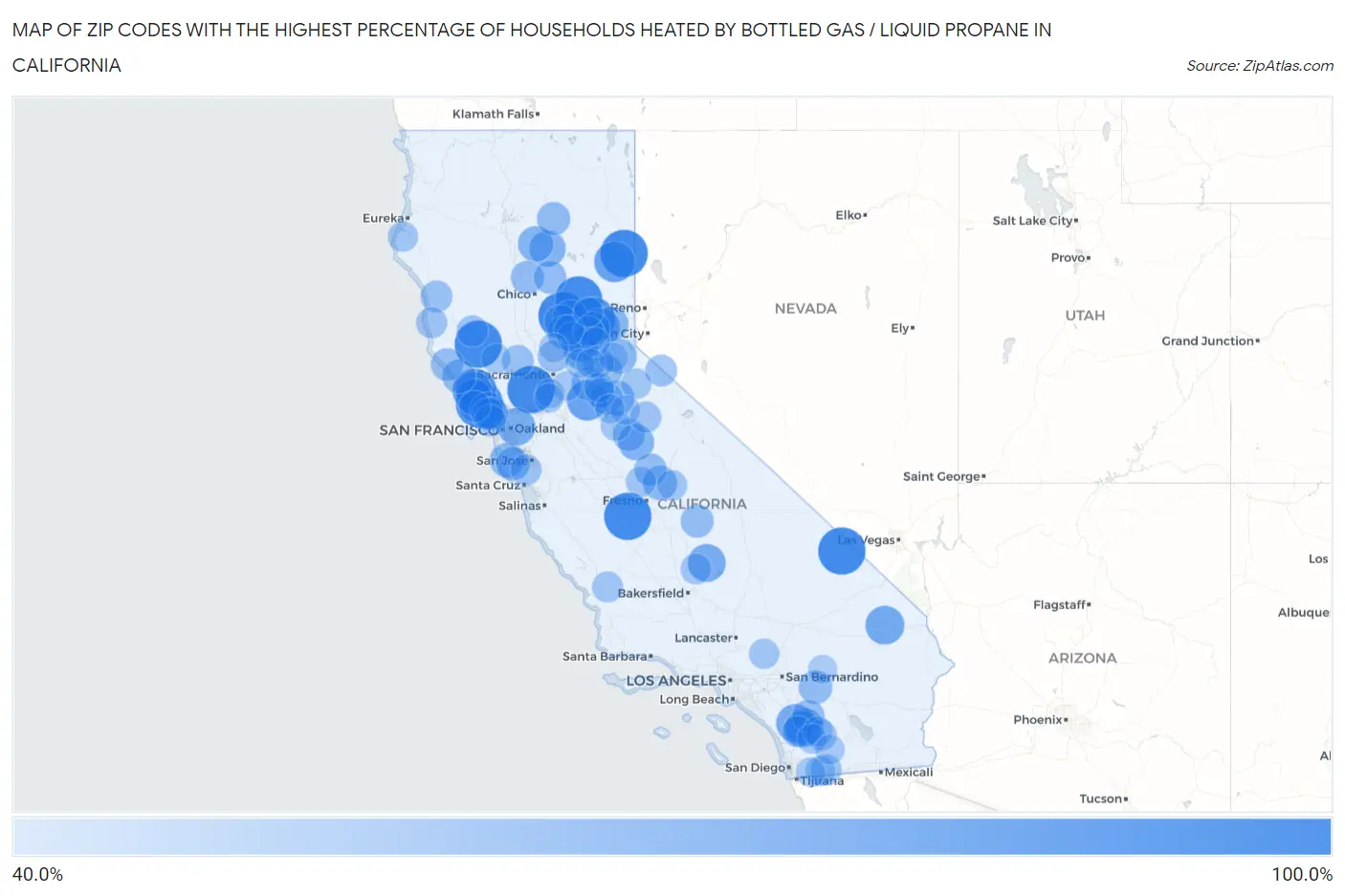 Zip Codes with the Highest Percentage of Households Heated by Bottled Gas / Liquid Propane in California Map