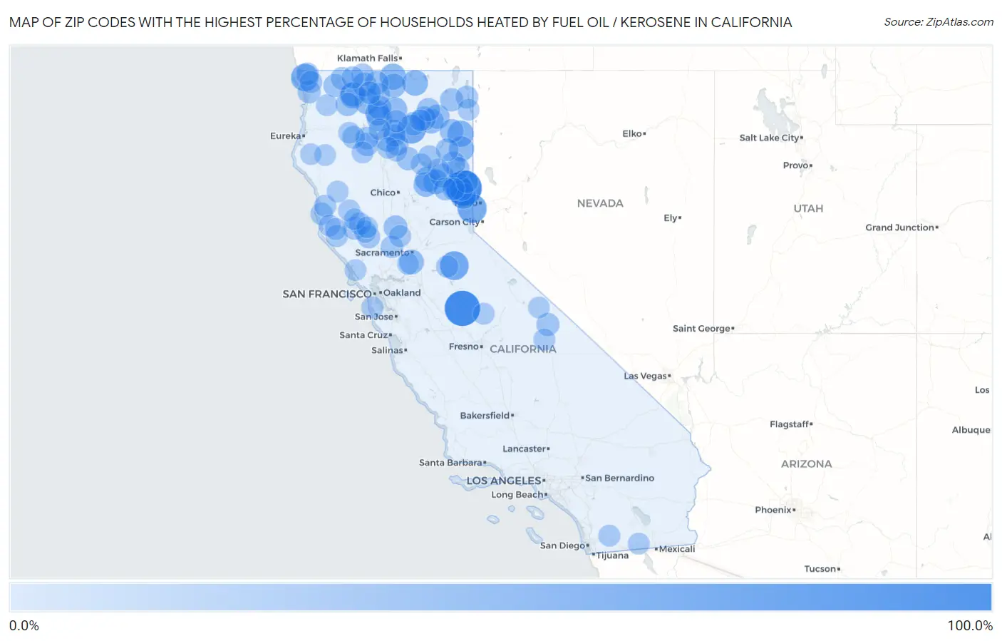 Zip Codes with the Highest Percentage of Households Heated by Fuel Oil / Kerosene in California Map