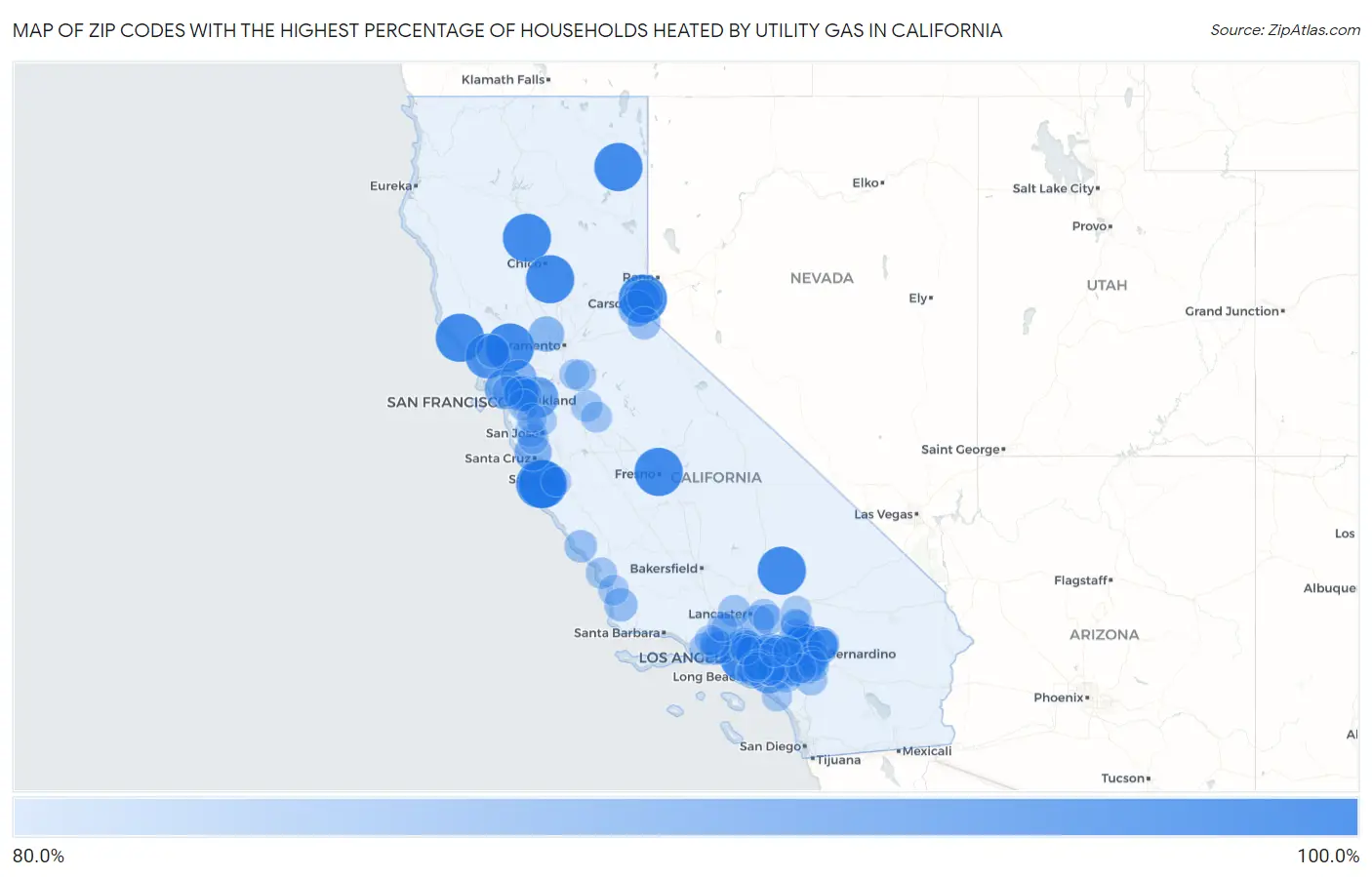 Zip Codes with the Highest Percentage of Households Heated by Utility Gas in California Map