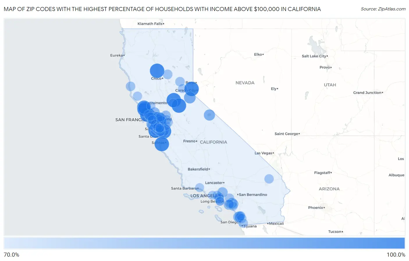 Zip Codes with the Highest Percentage of Households with Income Above $100,000 in California Map