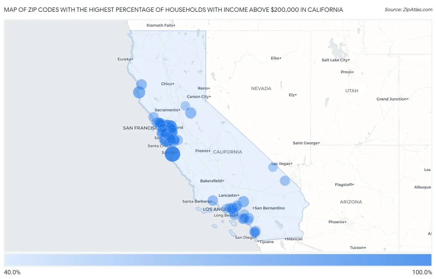 Zip Codes with the Highest Percentage of Households with Income Above $200,000 in California Map