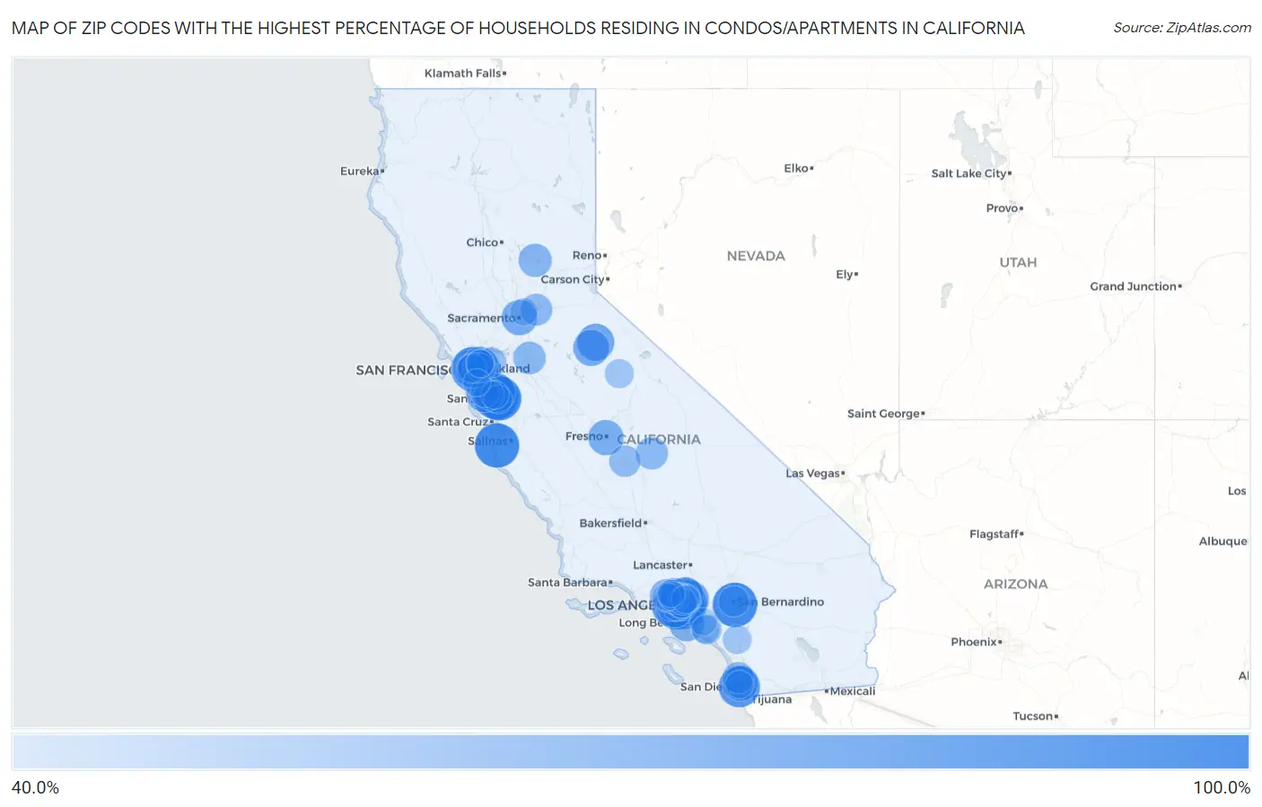 Zip Codes with the Highest Percentage of Households Residing in Condos/Apartments in California Map