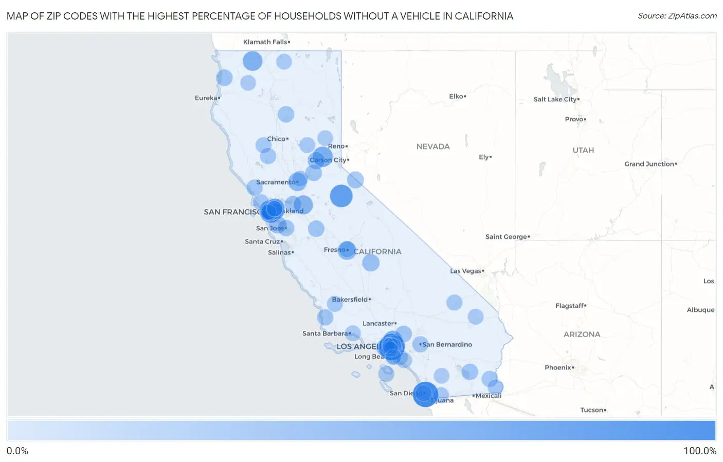 Zip Codes with the Highest Percentage of Households Without a Vehicle in California Map