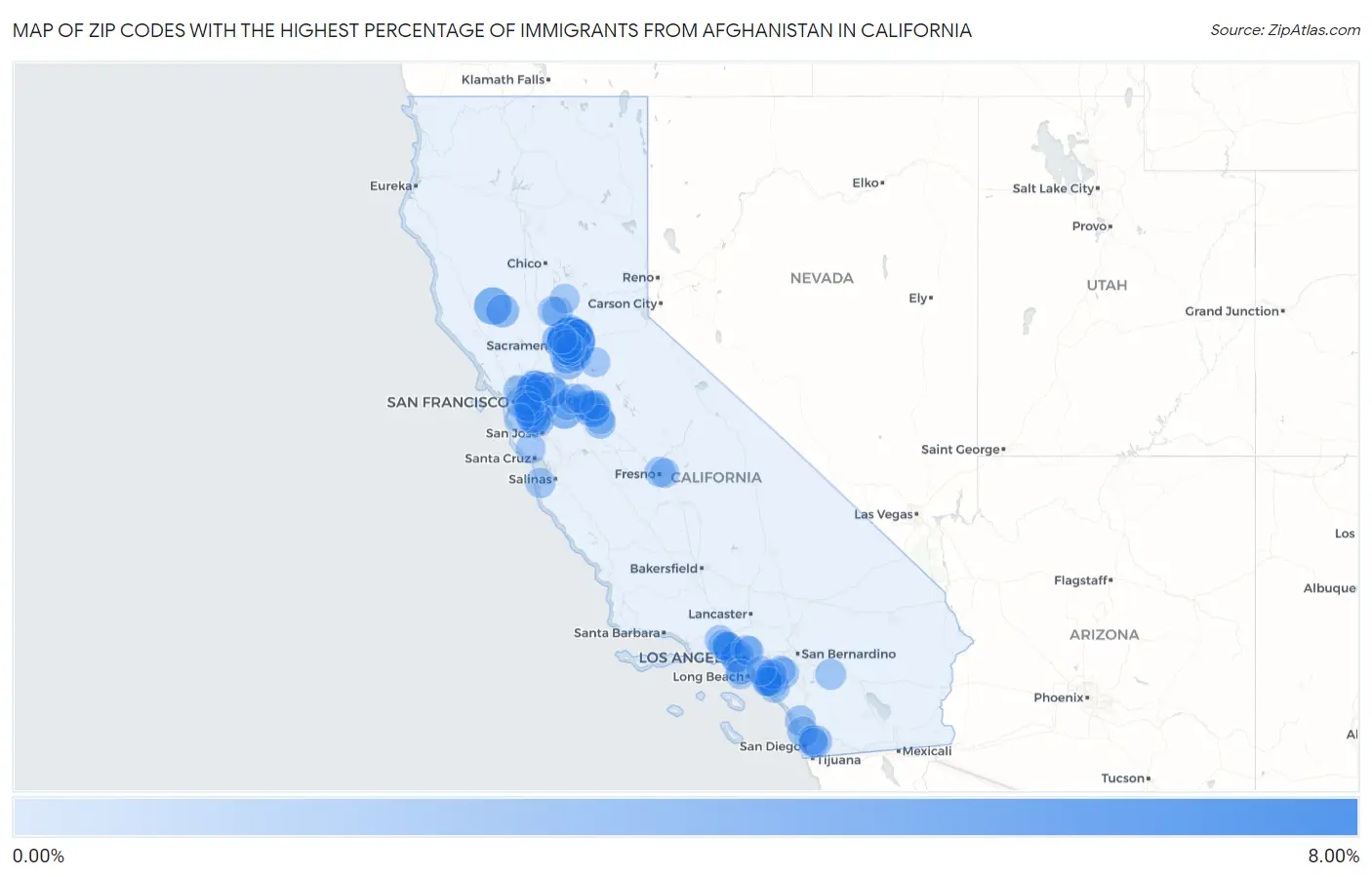 Zip Codes with the Highest Percentage of Immigrants from Afghanistan in California Map