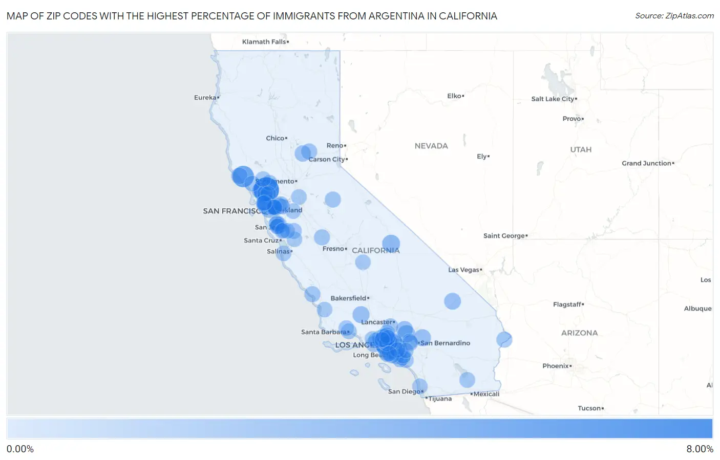 Zip Codes with the Highest Percentage of Immigrants from Argentina in California Map