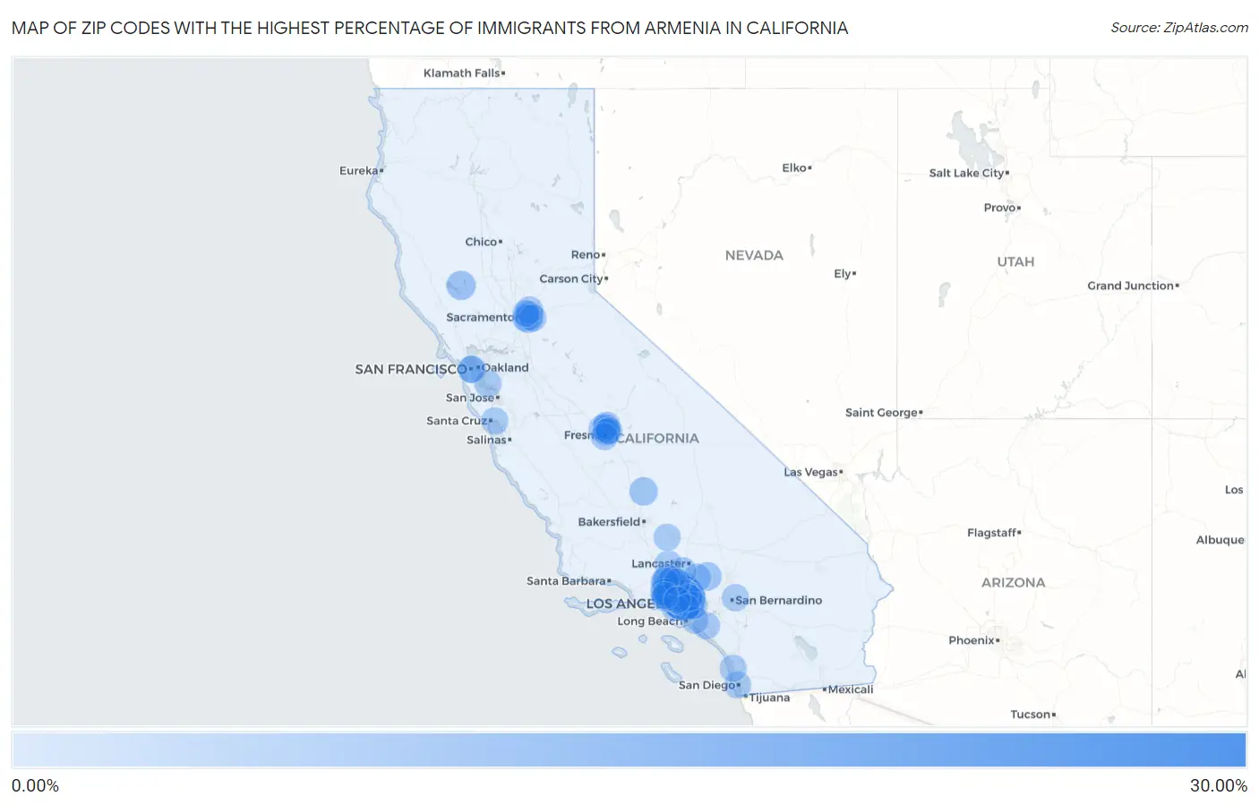 Zip Codes with the Highest Percentage of Immigrants from Armenia in California Map