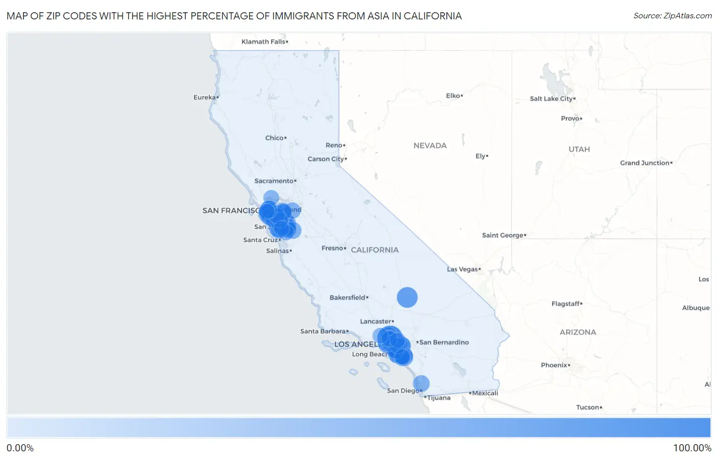Zip Codes with the Highest Percentage of Immigrants from Asia in California Map