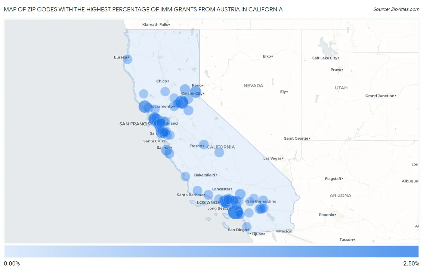 Zip Codes with the Highest Percentage of Immigrants from Austria in California Map
