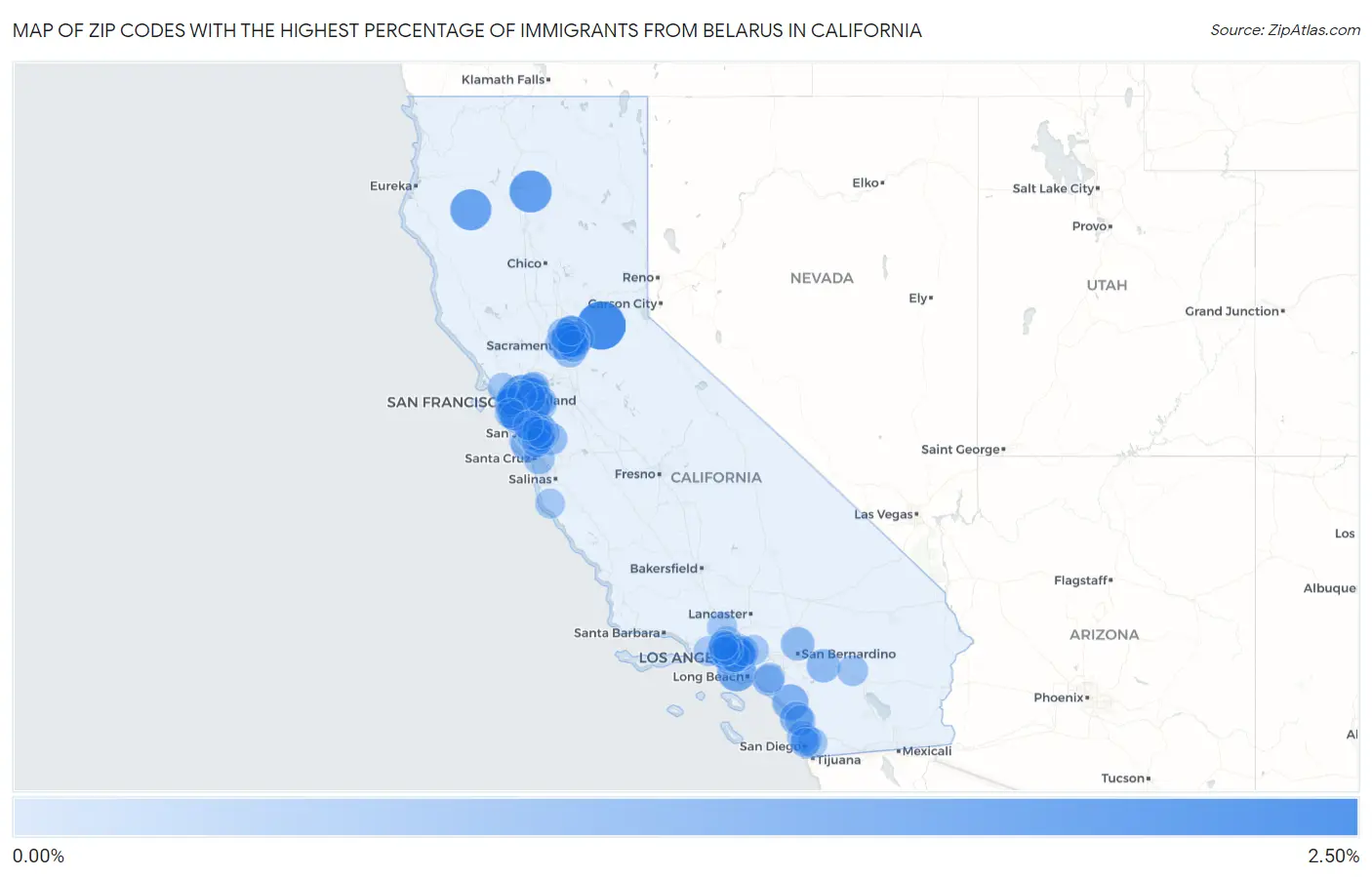 Zip Codes with the Highest Percentage of Immigrants from Belarus in California Map