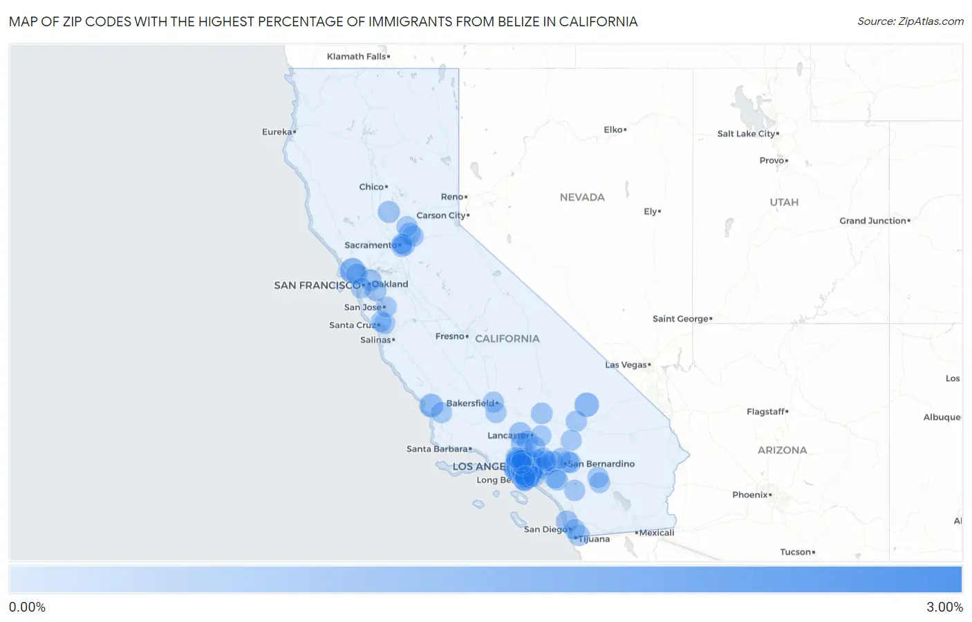 Zip Codes with the Highest Percentage of Immigrants from Belize in California Map