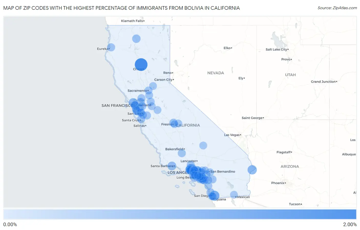 Zip Codes with the Highest Percentage of Immigrants from Bolivia in California Map