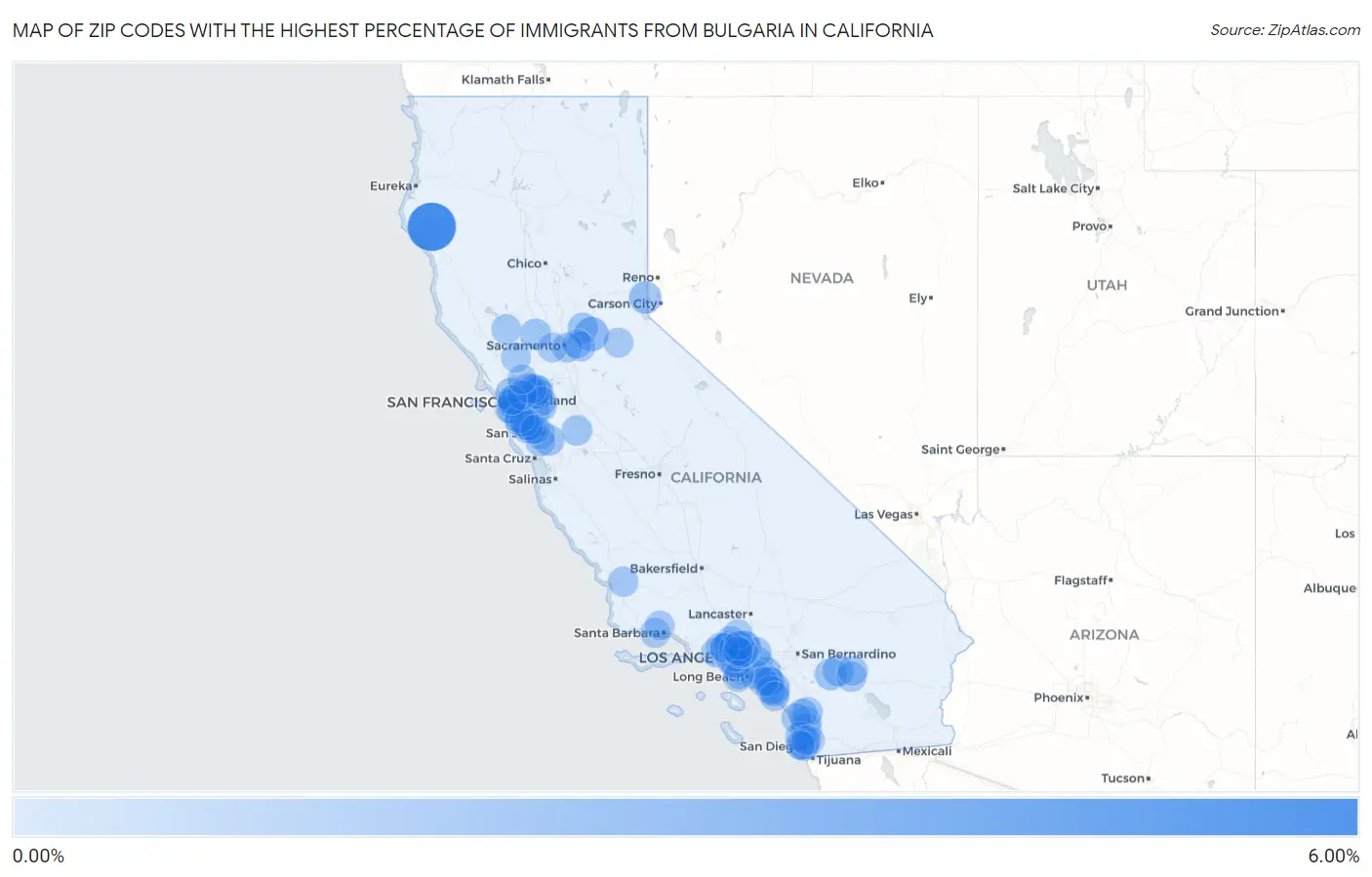 Zip Codes with the Highest Percentage of Immigrants from Bulgaria in California Map