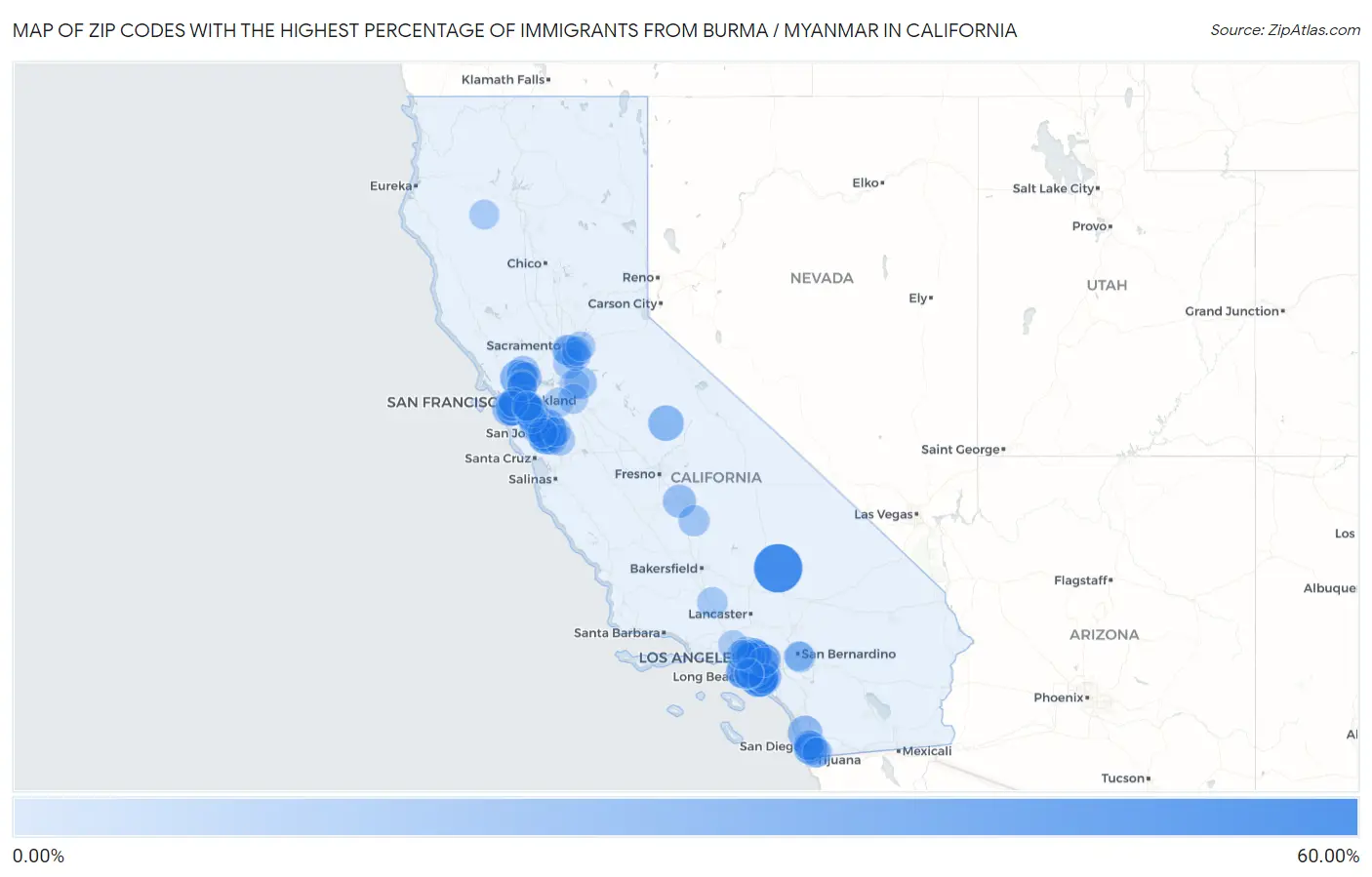 Zip Codes with the Highest Percentage of Immigrants from Burma / Myanmar in California Map