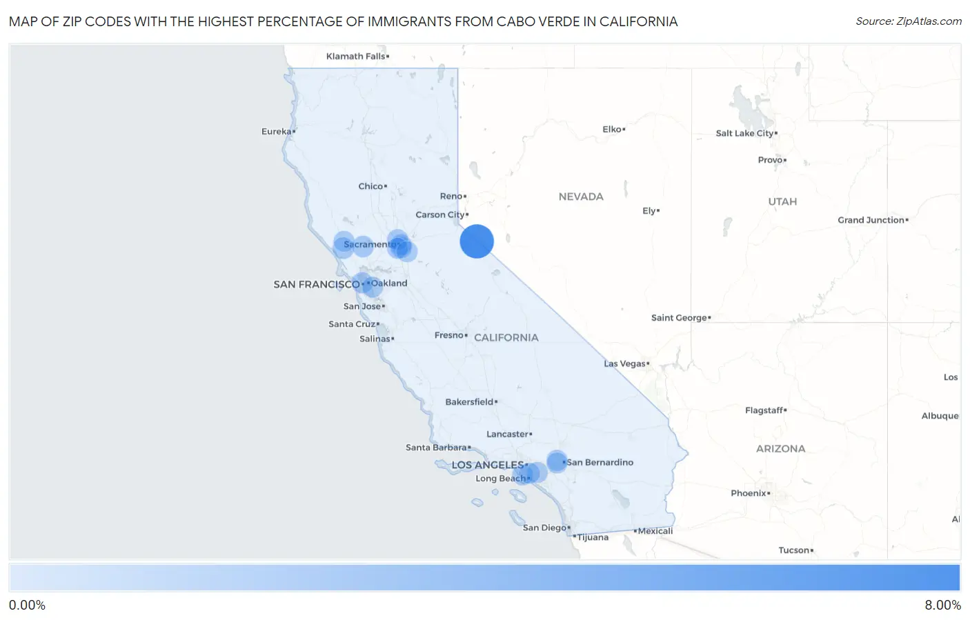 Zip Codes with the Highest Percentage of Immigrants from Cabo Verde in California Map