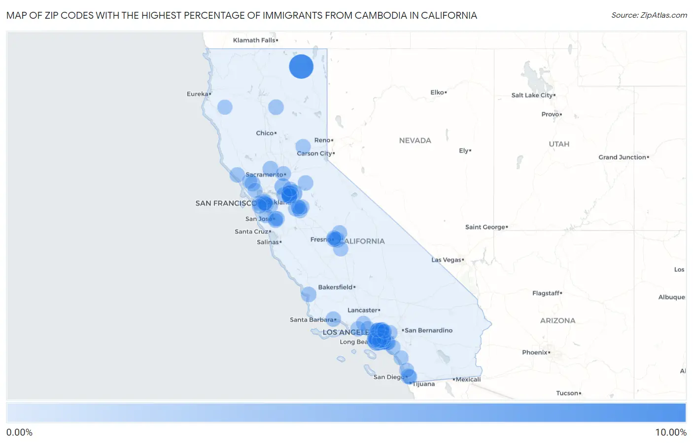 Zip Codes with the Highest Percentage of Immigrants from Cambodia in California Map