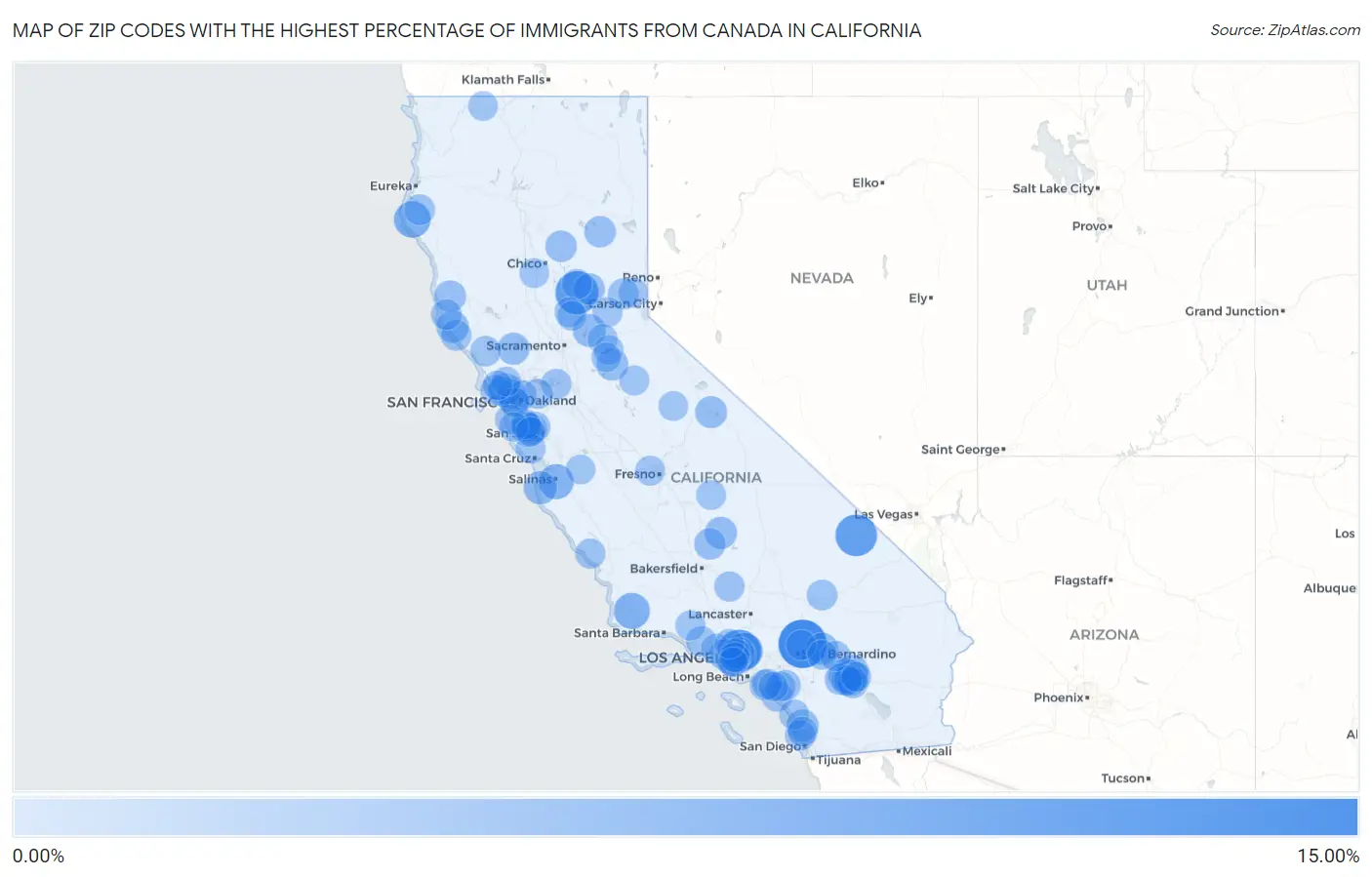 Zip Codes with the Highest Percentage of Immigrants from Canada in California Map